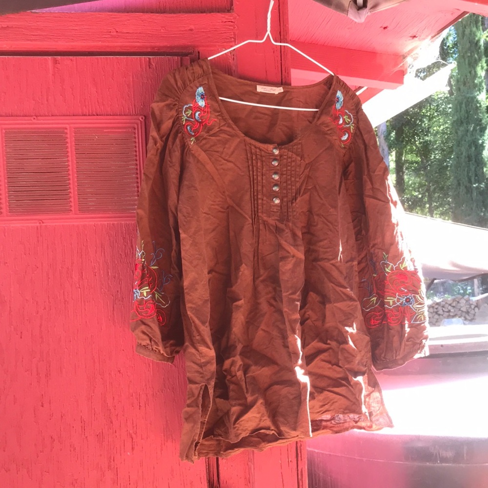 Tasha Polizzi Brown Embroidered Tunic with Red & Blue Accents